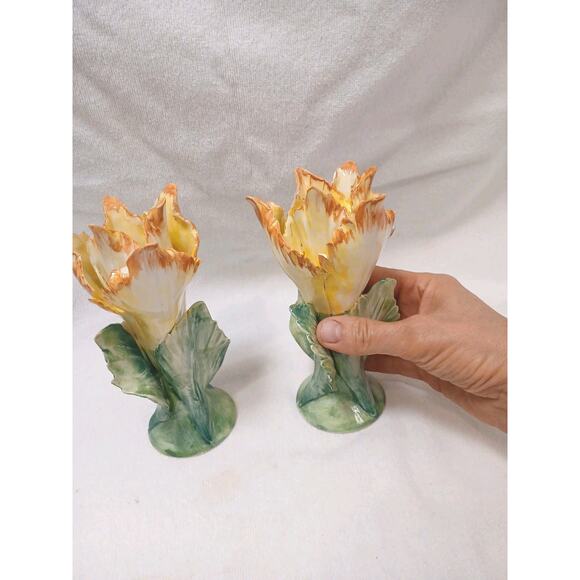 2 Pc Chelsea House Porcelain Lily Flower 7" Candlestick Holders Yellow Vnt - Picture 12 of 15
